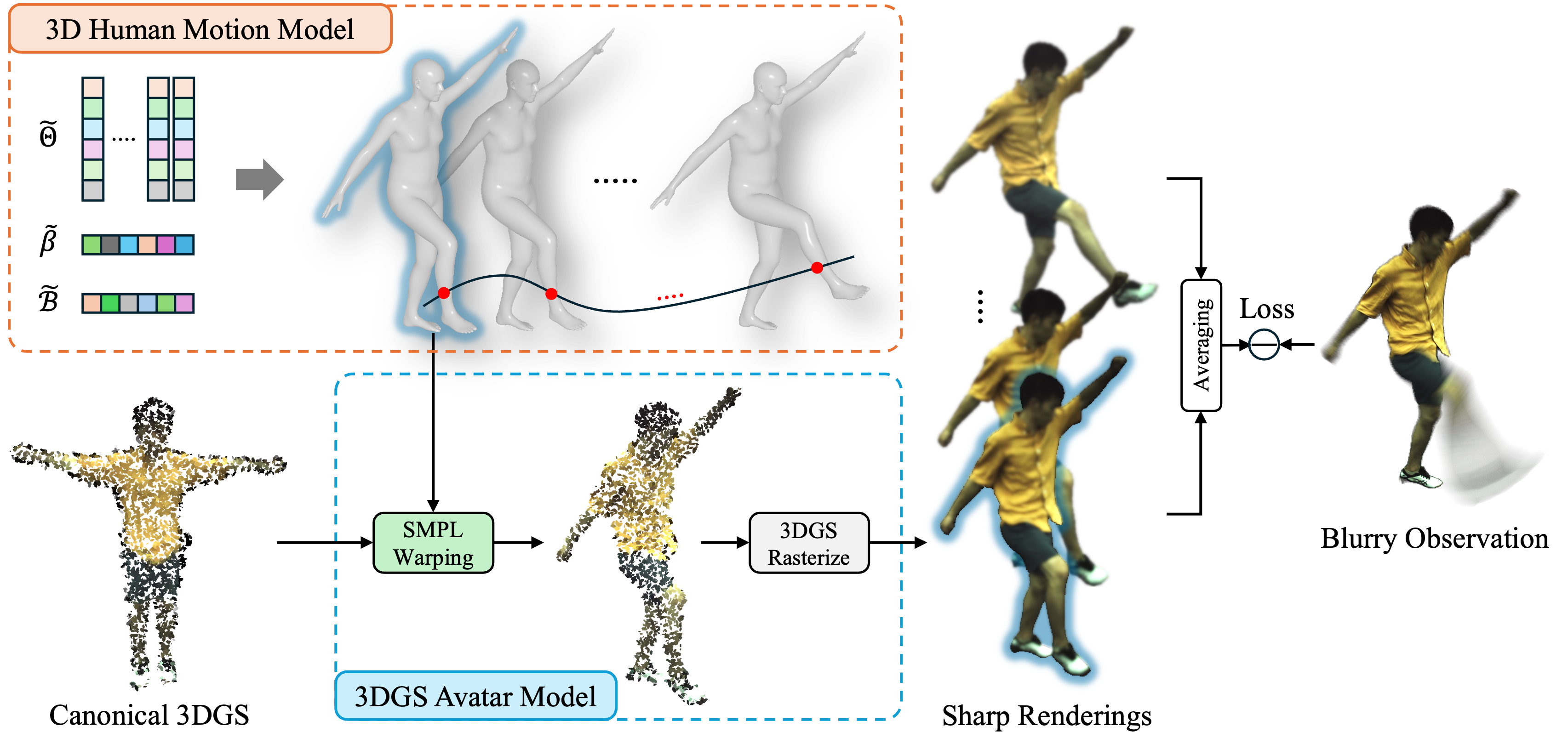 Brief illustration of the pipeline. The sub-frame motion for each blurry frame is modeled using the SMPL representation, followed by warping the canonical 3DGS according to the estimated mot
